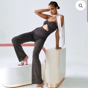 For Love and Lemons Margaux Bustier Cutout Wide Leg Mesh High Waist Jumpsuit S